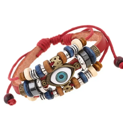 Boho Gypsy Hippie Design Leather Rope Eye Bracelet Brown Multi-layer, Cow Leather Woven Beaded Bracelet, Unisex Adjustable Jewelry