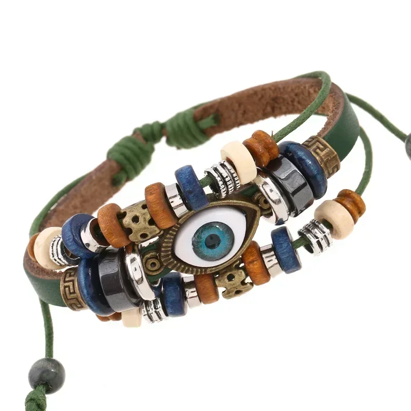 Boho Gypsy Hippie Design Leather Rope Eye Bracelet Brown Multi-layer, Cow Leather Woven Beaded Bracelet, Unisex Adjustable Jewelry