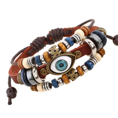 Boho Gypsy Hippie Design Leather Rope Eye Bracelet Brown Multi-layer, Cow Leather Woven Beaded Bracelet, Unisex Adjustable Jewelry