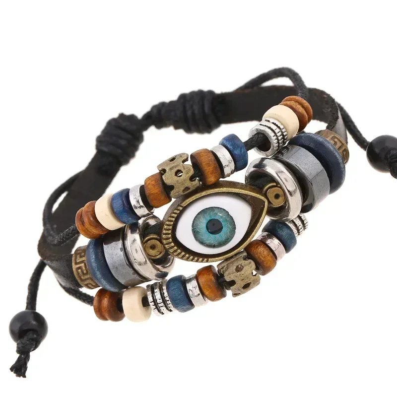 Boho Gypsy Hippie Design Leather Rope Eye Bracelet Brown Multi-layer, Cow Leather Woven Beaded Bracelet, Unisex Adjustable Jewelry