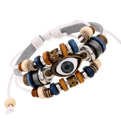 Boho Gypsy Hippie Design Leather Rope Eye Bracelet Brown Multi-layer, Cow Leather Woven Beaded Bracelet, Unisex Adjustable Jewelry